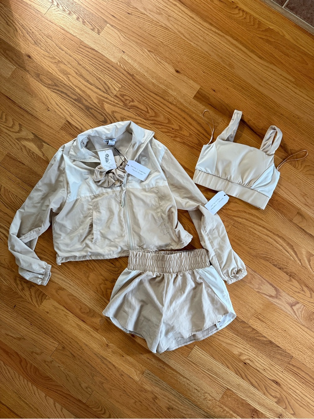 Cream Athletic Set Shorts, jacket, and sports bra — Soft Elastic Waistband